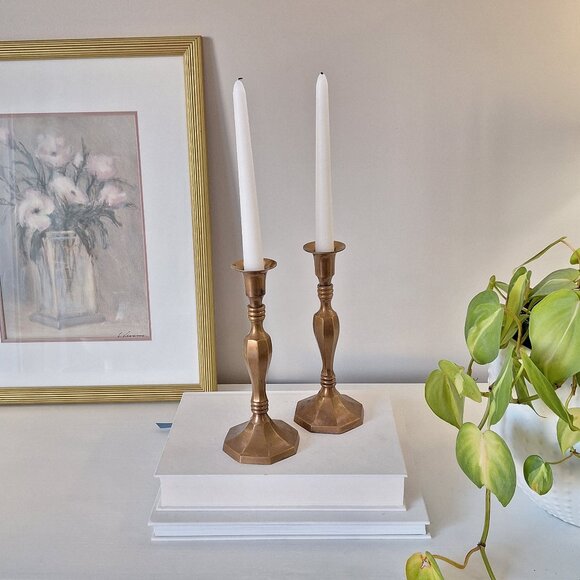 2 Vintage Brass Candlestick candle Holder hexagon base Taper - Picture 1 of 6